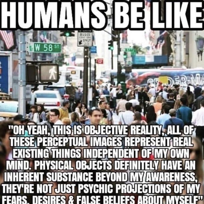 HUMANS BE LIKE SUSES ONLY W 58 ST ER MA "OH YEAH, THIS IS OBJECTIVE REALITY, ALL OF THESE PERCEPTUAL IMAGES REPRESENT REAL EXISTING THINGS INDEPENDENT OF MY OWN MIND. PHYSICAL OBJECTS DEFINITELY HAVE AN INHERENT SUBSTANCE BEYOND MY AWARENESS, THEY'RE NOT JUST PSYCHIC PROJECTIONS OF MY FEARS, DESIRES & FALSE BELIEFS ABOUT MYSELF"