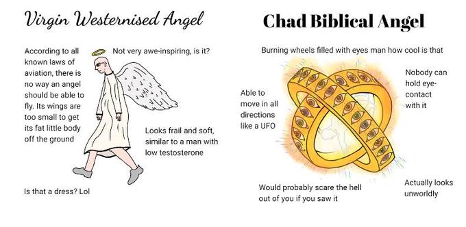 Virgin Westernised Angel Chad Biblical Angel According to all Not very awe-inspiring, is it? Burning wheels filled with eyes man how cool is that known laws of Nobody can hold eye- aviation, there is no way an angel should be able to Able to contact move in all with it fly. Its wings are too small to get its fat little body off the ground directions like a UFO Looks frail and soft, similar to a man with low testosterone Would probably scare the hell out of you if you saw it Actually looks unworldly Is that a dress? Lol Text