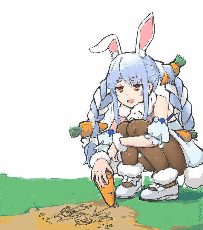 anime bunny girl drawing in the sand with a carrot