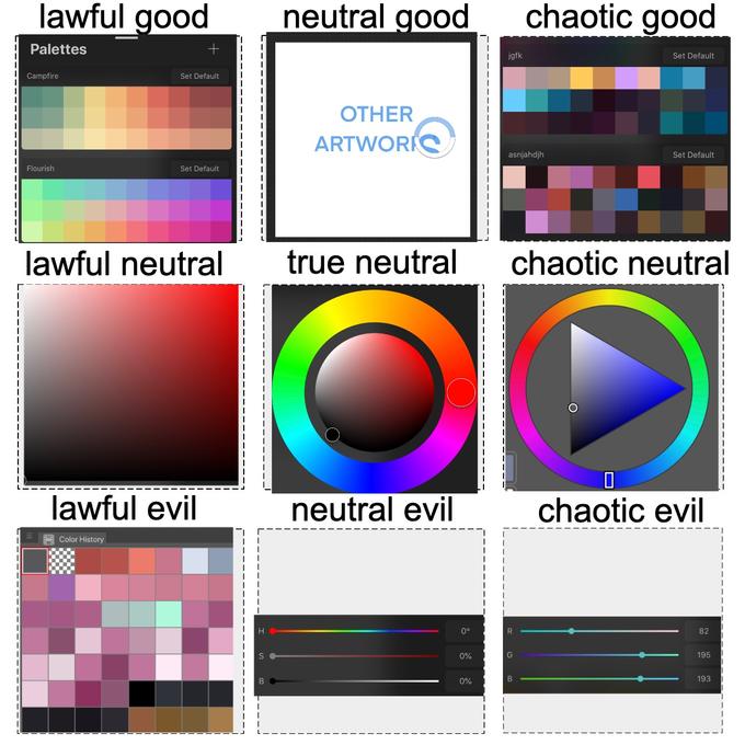 lawful good neutral good chaotic good Palettes jgfk Set Default Campfire Set Default OTHER ARTWORIC asnjahdjh Set Default Flourish Set Default lawful neutral true neutral chaotic neutral lawful evil neutral evil chaotic evil Color History H 0° 82 S 0% G 195 B 0% B 193