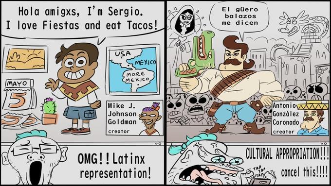 El güero Hola amigxs, I’m Sergio. I love Fiestas and eat Tacos! balazos me dicen USA MEXICO MORE MEXICO MAYO Mike J. Johnson Gol dman Antonio MW González Coronado creator creator OMG!! Latinx representation! CULTURAL APPROPRIATION! cancel this!!! TAP