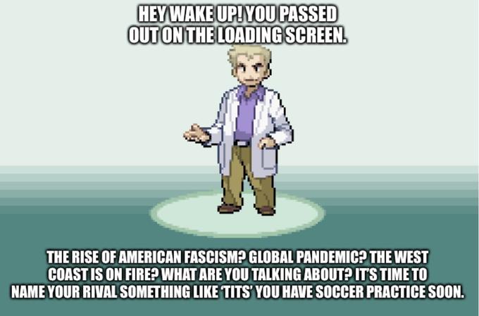 HEY WAKE UP! YOU PASSED OUT ON THE LOADING SCREEN. THE RISE OF AMERICAN FASCISM? GLOBAL PANDEMIC? THE WEST COAST IS ON FIRE? WHAT ARE YOU TALKING ABOUT? ITS TIME TO NAME YOUR RIVAL SOMETHING LIKE T---' YOU HAVE SOCCER PRACTICE SOON.