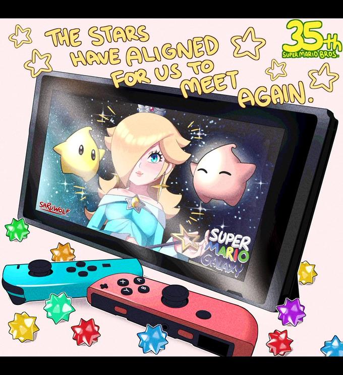 A HAVE ALIGNED FOR US TO * THE STARS SUPER MARIO BROS MEET AGAIN. SARUWOLF SUPER MARIO GALASAY