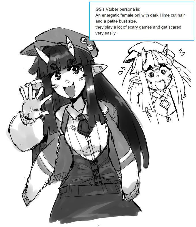 GS's Vtuber persona is: An energetic female oni with dark Hime cut hair and a petite bust size. they play a lot of scary games and get scared very easily