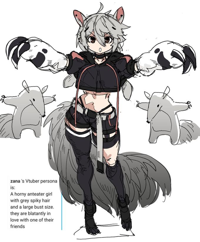 zana 's Vtuber persona is: A horny anteater girl with grey spiky hair and a large bust size. they are blatantly in love with one of their friends