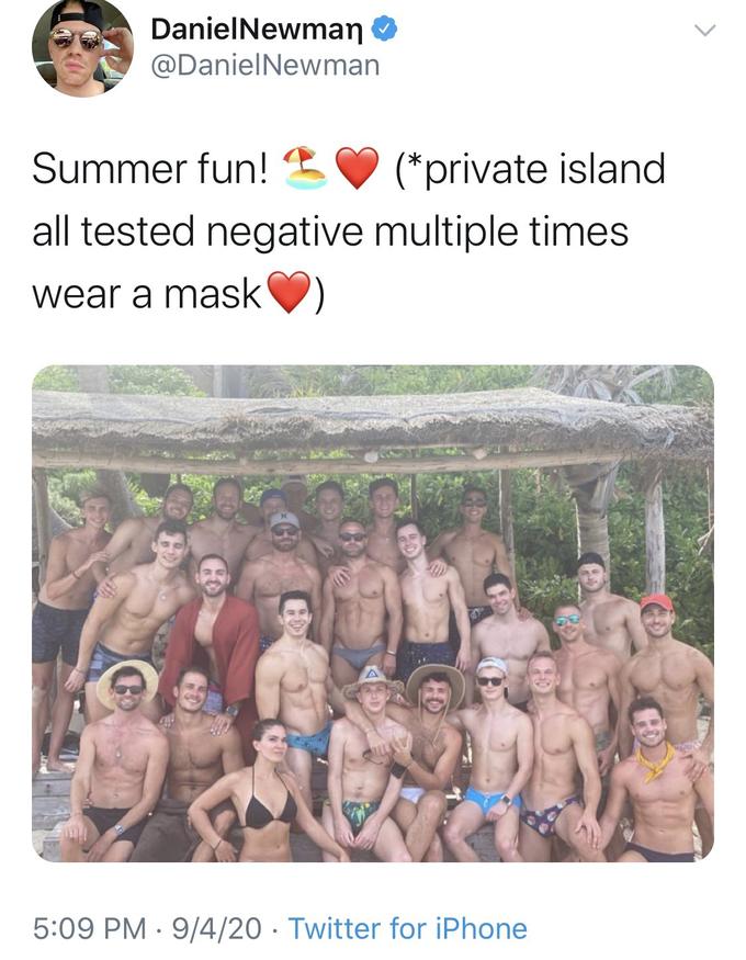 DanielNewman O @DanielNewman Summer fun! (*private island all tested negative multiple times wear a mask 5:09 PM · 9/4/20 · Twitter for iPhone