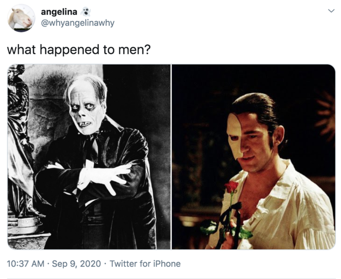 angelina 8 @whyangelinawhy what happened to men? 10:37 AM · Sep 9, 2020 · Twitter for iPhone