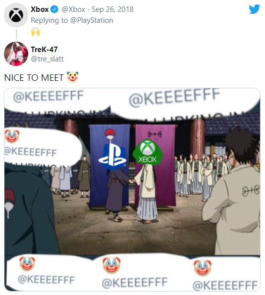 Xbox Replying to @PlayStation @Хbox Sep 26, 2018 Trek-47 @tre_slatt NICE TO MEET @KEEEEFFF @KEEEEFFF @KEEEEFFF XBOX @KEEEEFFF @KEEEEFFF @KEEEEFFF Sasuke Uchiha Cartoon Text Screenshot