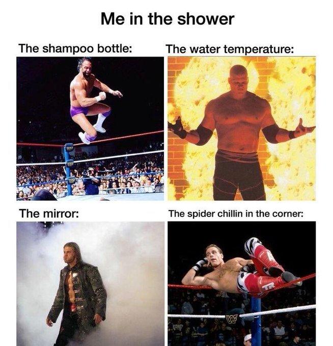 Me in the shower The shampoo bottle: The water temperature: The mirror: The spider chillin in the corner: