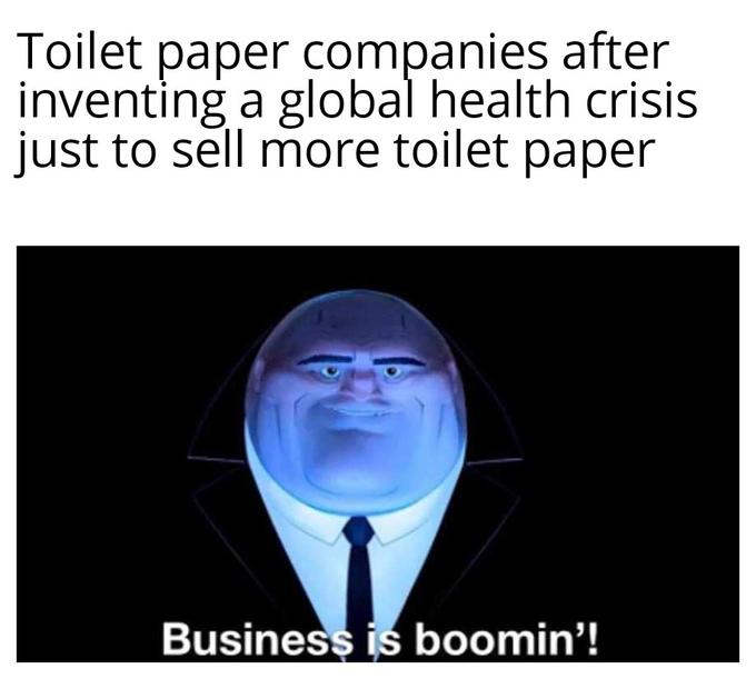 Toilet paper companies after inventing a global health crisis just to sell more toilet paper Business is boomin'!