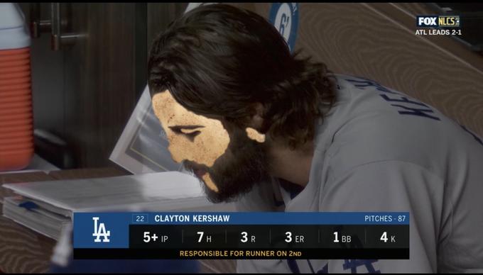 FOX NLCS ATL LEADS 2-1 PITCHES - 87 22 CLAYTON KERSHAW 3R 3 ER 1 BB 4 K 5+ IP 7H RESPONSIBLE FOR RUNNER ON 2ND