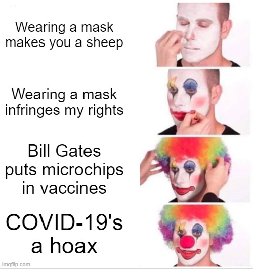 Wearing a mask makes you a sheep Wearing a mask infringes my rights Bill Gates puts microchips in vaccines COVID-19's a hoax imgflip.com