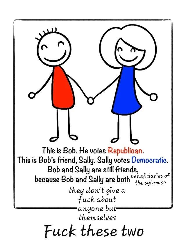 This is Bob. He votes Republican. This is Bob's friend, Sally. Sally votes Democratic. Bob and Sally are still friends, because Bob and Sally are both beneficiaries of they don't give a f--- about the sytem so 'anyone but themselves F--- these two