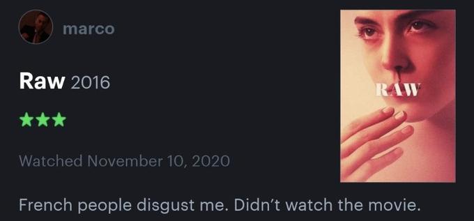 marco Raw 2016 RAW *** Watched November 10, 2020 French people disgust me. Didn't watch the movie.
