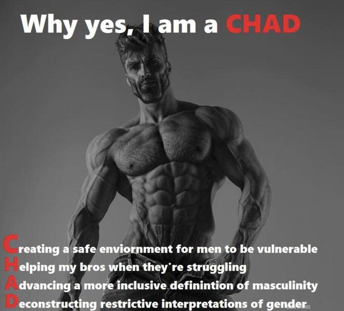 Why yes, I am a CHAD reating a safe enviornment for men to be vulnerable elping my bros when they're struggling dvancing a more inclusive definintion of masculinity econstructing restrictive interpretations of gender