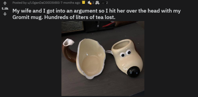 Posted by u/LOganDaCool35tBOi 7 months ago 2 2= 2 1.8k My wife and I got into an argument so I hit her over the head with my Gromit mug. Hundreds of liters of tea lost.