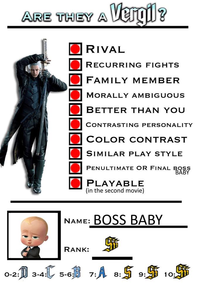 ARE THEY A Vergil? RIVAL RECURR ING FIGHTS FAMILY MEMBER MORALLY AMBIGUOUS ΒETTER THΑΝ ΥΟυ CONTRASTING PERSONALITY COLOR CONTRAST SIMILAR PLAY STYLE PENULTIMATE OR FINAL BOSS BABY PLAYABLE (in the second movie) NAME: BOSS BABY RANK: 5-63 7:A S 9:5 10 O-2: 3-4: 8:
