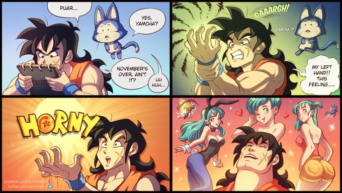 PUAR... GAAARGH! YES, YAMCHA? YAMCHA..? NOVEMBER'S OVER, AIN'T IT? MY LEFT HAND!! THIS CALENDAR 2020 UH HUH... FEELING.... HORNY patreon.com/jammeryx twitter.com/jammeryx