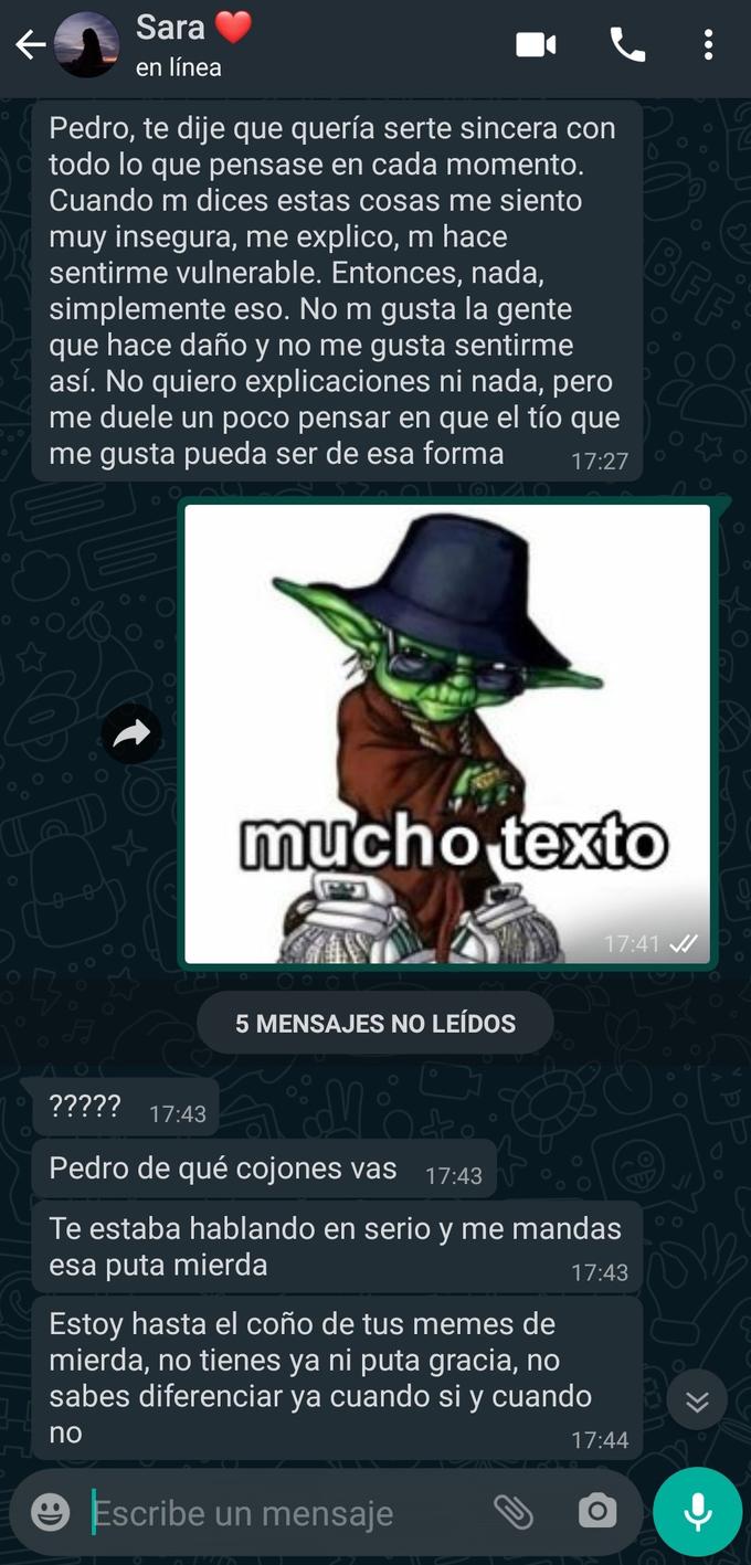 *Translation*
- Pedro, I told you that I wanted to be honest with everything I thought at all times. When you say these things I feel very insecure. Let me explain. It makes me feel vulnerable. So nothing, just that. I don't like people who hurt me. I don't want explanations or anything, but it hurts a little to think that the guy I liked could be that way.
- Mucho texto.jpg
- ????? Pedro, what the heck? I was talking seriously and you send me this s---? I had enough of your s----- memes. You are not f------ funny. You cannot tell when it's ok and when it's not.

"Part 2":https://knowyourmeme.com/photos/1956145-mucho-texto ->
