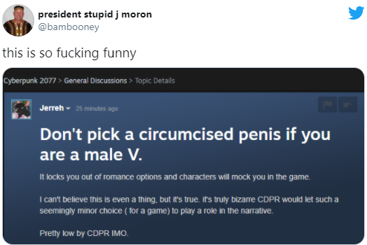 president stupid j moron @bambooney this is so f------ funny cyberpunk 2077 > General Discussions > Topic Details Jerreh - 25 minutes ago Don't pick a circumcised penis if you are a male V. It locks you out of romance options and characters will mock you in the game. I can't believe this is even a thing, but it's true. it's truly bizarre CDPR would let such a seemingly minor choice ( for a game) to play a role in the narrative. Pretty low by CDPR IMO.