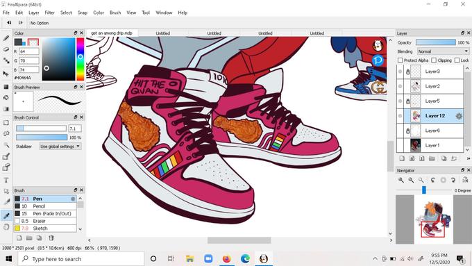 FireAlpaca (64bit) File Edit Layer Filter Select Snap Color Brush View Тol Window Help No Option Color get an among drip.mdp Untitled Untitled Untitled Untitled Layer Opacity 100 % R 64 Blending Normal G 70 O Protect Alpha Clipping Lock B 74 Layer3 101 # 40464A HIT THE QVAN Brush Preview Layer2 Layer5 Brush Control Layer 12 7.1 Layer6 100 % Stabilizer Use global settings Layer1 >> Navigator 日X Brush O Degree 7.1Pen 10 Pencil 15 Pen (Fade In/Out) 8.5 Eraser 7.8 Sketch 2000 * 2501 pixel (8.5*10.6cm) 600 dpi 66% (970, 1598) 9:55 PM P Type here to search ^ O O G ) 12/5/2020