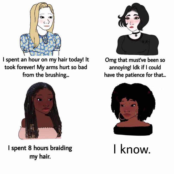 XX I spent an hour on my hair today! It took forever! My arms hurt so bad from the brushing. Omg that must've been so annoying! Idk if I could have the patience for that. 000 I spent 8 hours braiding my hair. I know.