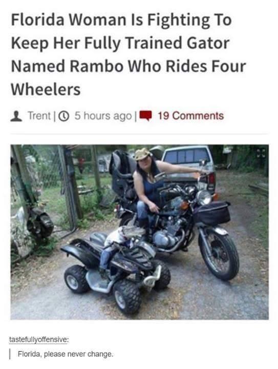 Florida Woman Is Fighting To Keep Her Fully Trained Gator Named Rambo Who Rides Four Wheelers I Trent |O 5 hours ago | 19 Comments tastefullyoffensive: | Florida, please never change.