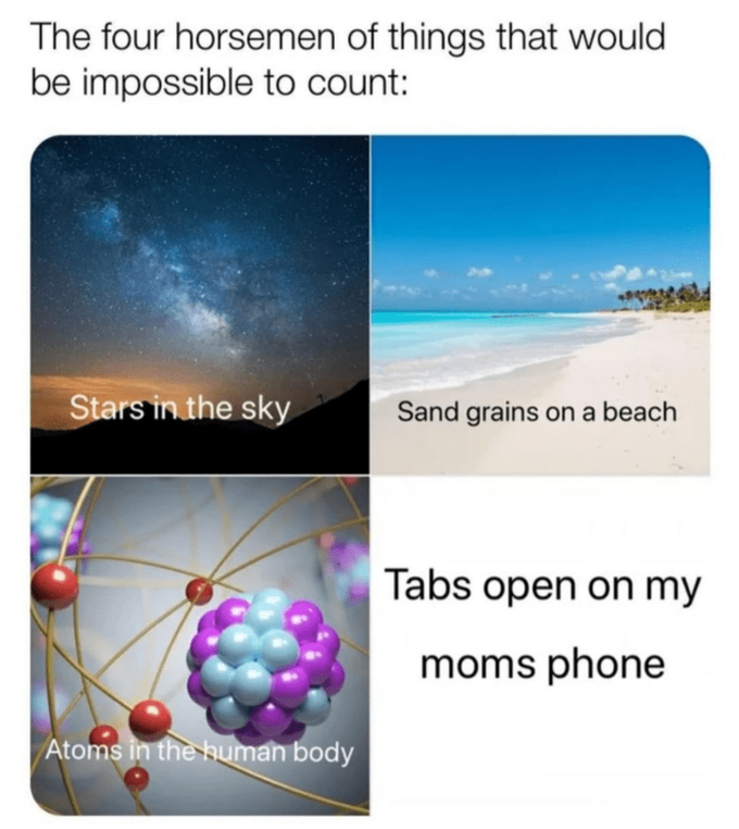 The four horsemen of things that would be impossible to count: Stars in the sky Sand grains on a beach Tabs open on my moms phone Atoms in thebuman body