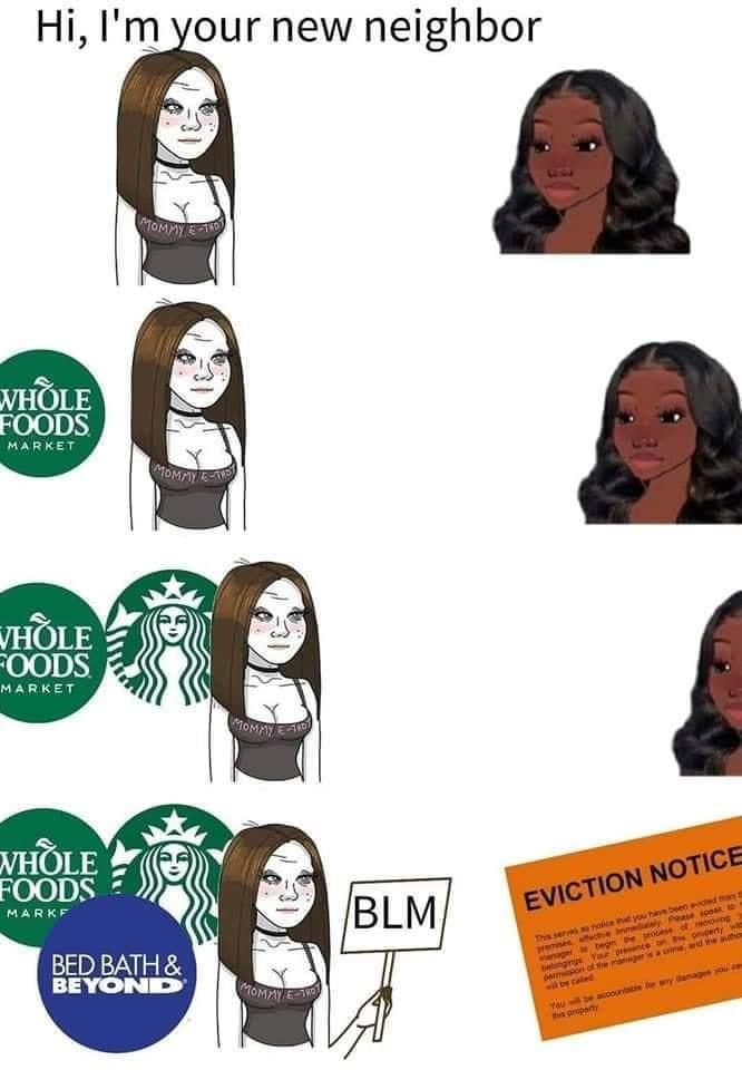 Hi, I'm your new neighbor MOMAYERO VHOLE FOODS MARKET MOMPYE-T VHÖLE FOODS MARKET MOMAY WHÖLE FOODS MARKF BLM EVICTION NOTICE BED BATH & BEYOND This serves as notice that you ha been viced from premnes efective immdately Pease spesk to menager to begin the process of moving Deiongings Youe presence on s property w pemsion of the manger ie a cime. and the autho will be caled MOMAYE- You be acountable for any damages you c ths property