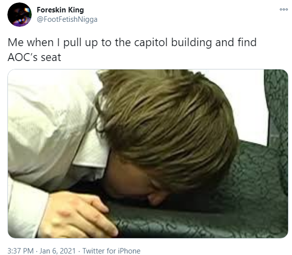 "When I pull up to the capitol building and find AOC's seat" Foreskin King when \ pull up to the capitol building and find AOC seat | person smelling a chair