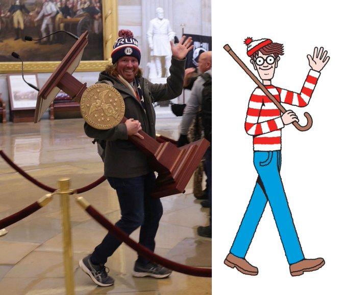 Man carrying a podium inside the capitol building and Waldo in a similar pose