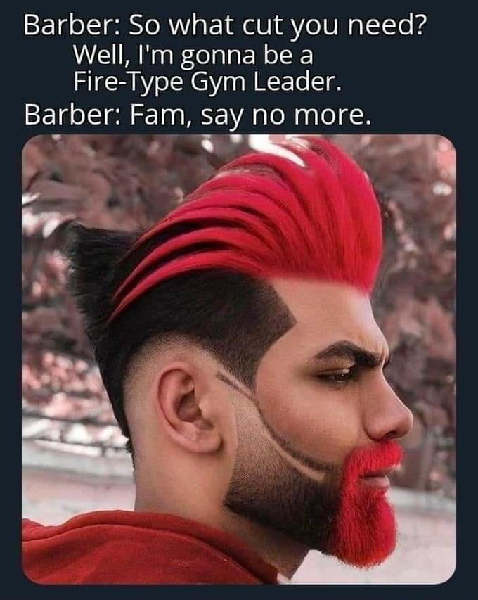 Barber: So what cut you need? Well, I'm gonna be a Fire-Type Gym Leader. Barber: Fam, say no more.