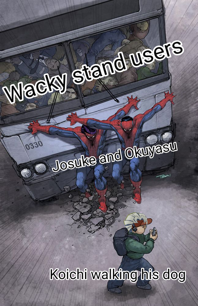 Wacky stand users 0330 Josuke and Okuyasu SA Koichi walking his dog