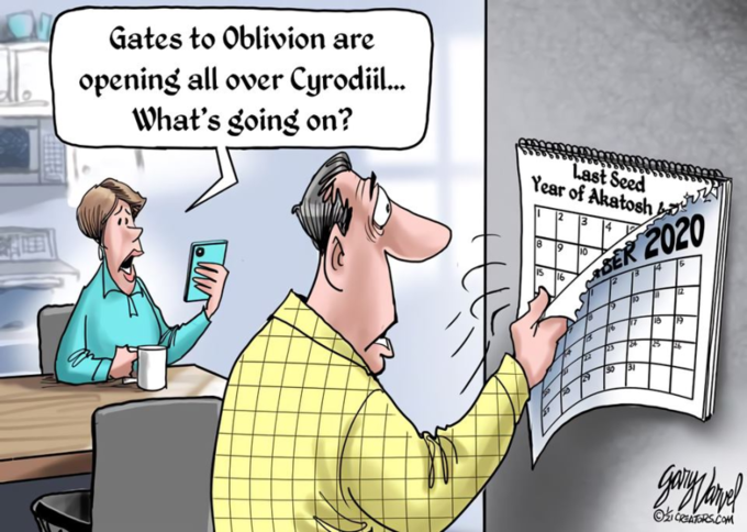 Gates to Oblivion are opening all over Cyrodii. What's going on? Last Seed Year of Akatosh &rz 12 3 9 BER 2020 12 19 25 90 31 O GREATORS.COM