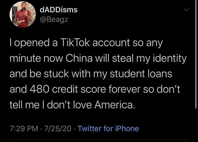 dADDisms @Beagz Topened a TikTok account so any minute now China will steal my identity and be stuck with my student loans and 480 credit score forever so don't tell me I don't love America. 7:29 PM · 7/25/20 · Twitter for iPhone