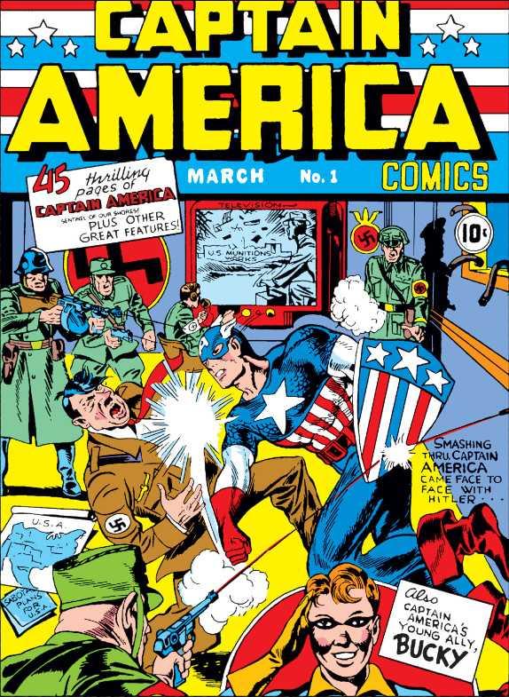 CAPTAIN AMERICA thrilling COMICS 45 MARCH No. 1 pages of CAPTAIN AMERICA SNTAEL OF OUR SHORESE PLUS OTHER GREAT FEATURES 10 US MUNITIONS SMASHING THRU CAPTAIN AMERICA CAME FACE TO FACE WITH HITLER .. U.S.A SABOTA PLANS also FOR CAPTAIN AMERICAS YOUNG ALLY, BUCKY