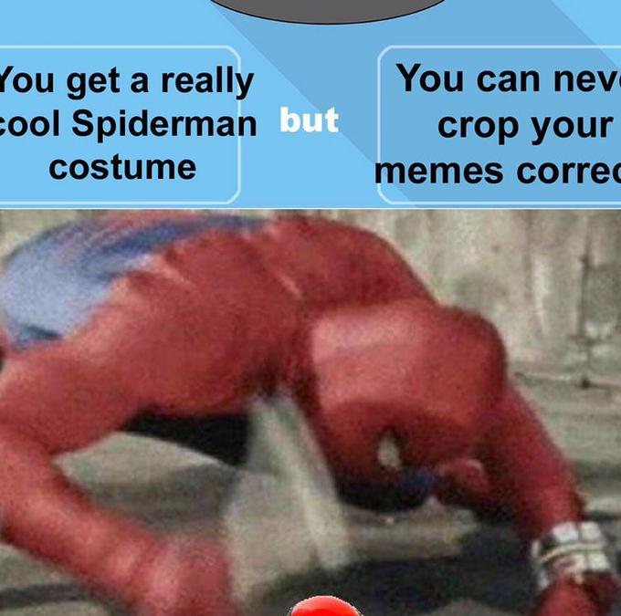 You get a really cool Spiderman but costume You can nev crop your memes correc