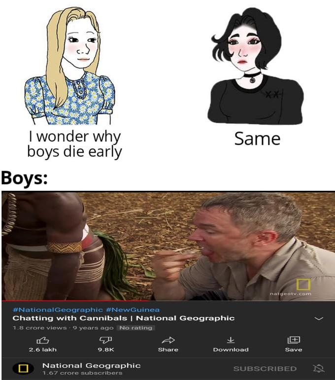 ** I wonder why boys die early Same Вoys: natgeotv.com #NationalGeographic #NewGuinea Chatting with Cannibals | National Geographic 1.8 crore views · 9 years ago No rating + 2.6 lakh 9.8K Share Download Save National Geographic SUBSCRIBED 1.67 crore subscribers