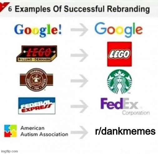 6 Examples Of Successful Rebranding Google! Google LEGO CILLUNO DENMARK FEDERAL EXPRESS FedEx Corporation American → r/dankmemes Autism Association imgflip.com ↑↑↑