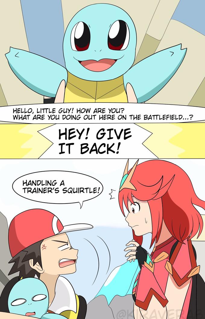HELLO, LITTLE GUY! HOW ARE YOU? WHAT ARE YOU DOING OUT HERE ON THE BATTLEFIELD...? HEY! GIVE IT ВАСK! HANDLING A TRAINER'S SQUIRTLE! @KIRAVER