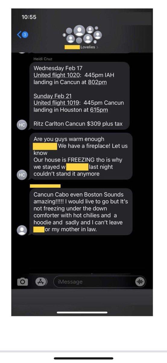 10:55 Lovelies > Heidi Cruz Wednesday Feb 17 United flight 1020: 445pm IAH landing in Cancun at 802pm Sunday Feb 21 United flight 1019: 445pm Cancun landing in Houston at 615pm Ritz Carlton Cancun $309 plus tax HC Are you guys warm enough We have a fireplace! Let us know Our house is FREEZING tho is why we stayed w couldn't stand it anymore |last night HC Cancun Cabo even Boston Sounds amazing!!!!! I would live to go but It's not freezing under the down comforter with hot chilies and a hoodie and sadly and I can't leave or my mother in law. iMessage