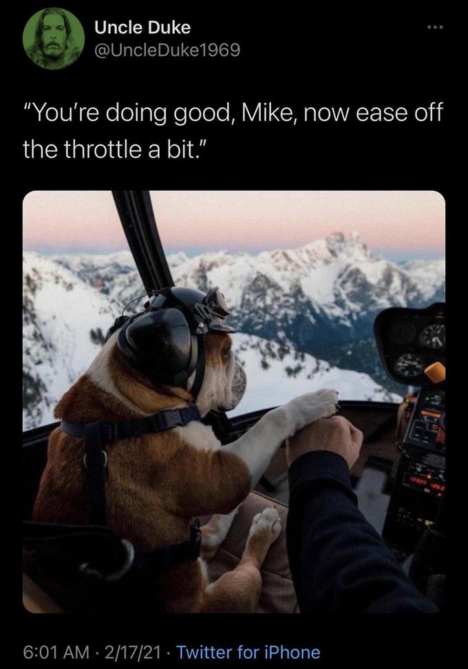 Uncle Duke @UncleDuke1969 "You're doing good, Mike, now ease off the throttle a bit." 6:01 AM · 2/17/21 · Twitter for iPhone