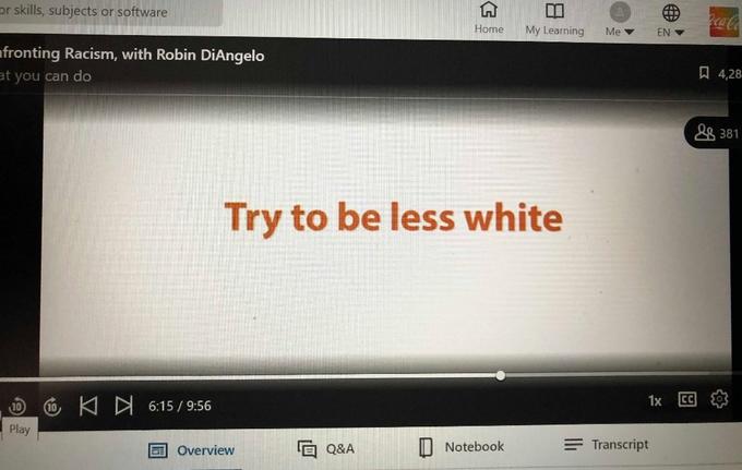 or skills, subjects or software Peca-Co Home My Learning Mẹ v EN V afronting Racism, with Robin DiAngelo at you can do 口 4,28. 28 381 Try to be less white 1x CC K D 6:15 / 9:56 10 Play 回 Q&A Notebook = Transcript Overview