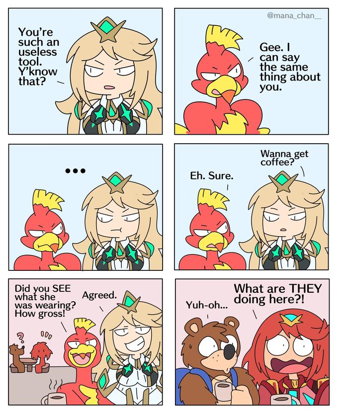 @mana_chan_ You're such an useless tool. Y'know that? Gee. I can say the same thing about you. Wanna get coffee? Eh. Sure. Did you SEE what she was wearing? How gross! What are THEY doing here?! Agreed. Yuh-oh...