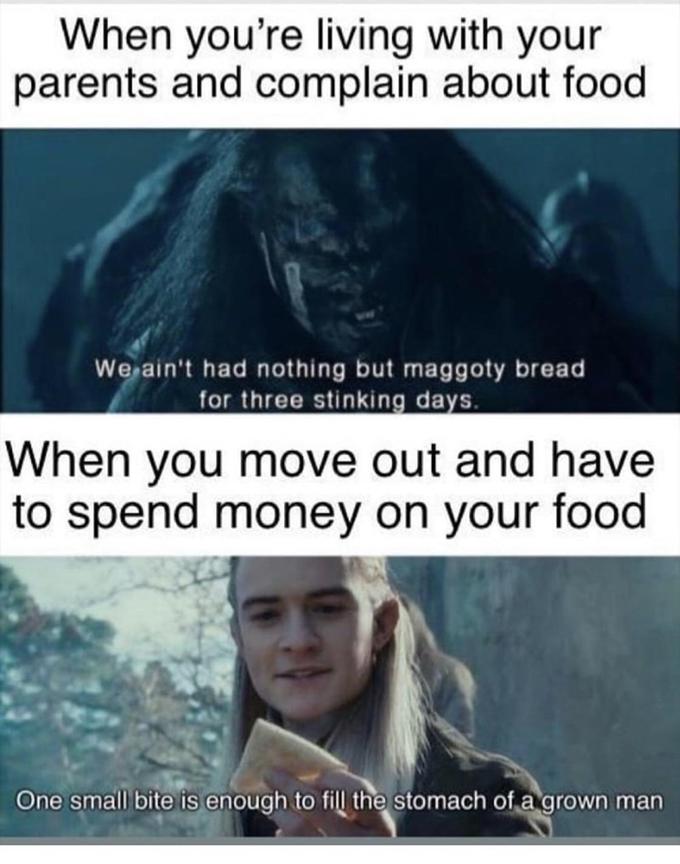 When you're living with your parents and complain about food We ain't had nothing but maggoty bread for three stinking days. When you move out and have to spend money on your food One small bite is enough to fill the stomach of a grown man