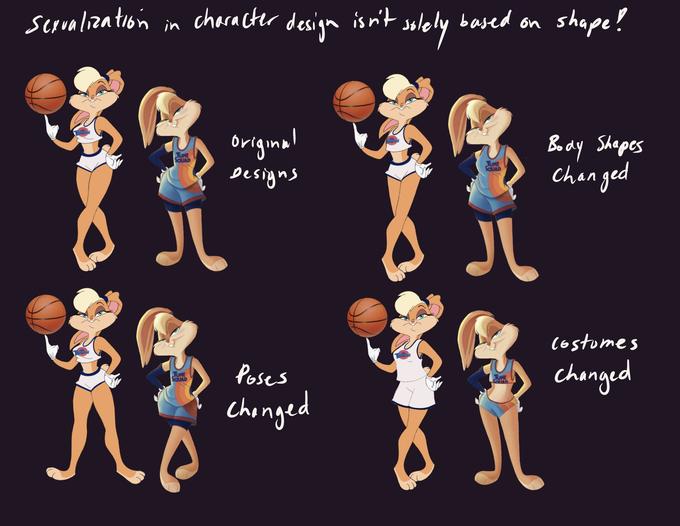 Sexualization in character design isn't solely based on shape! original Body Shapes TUNE SQUAD TUNE SQUAD Designs changed JU costumes changed TUNE SQUAD Poses TUNE STAD changed