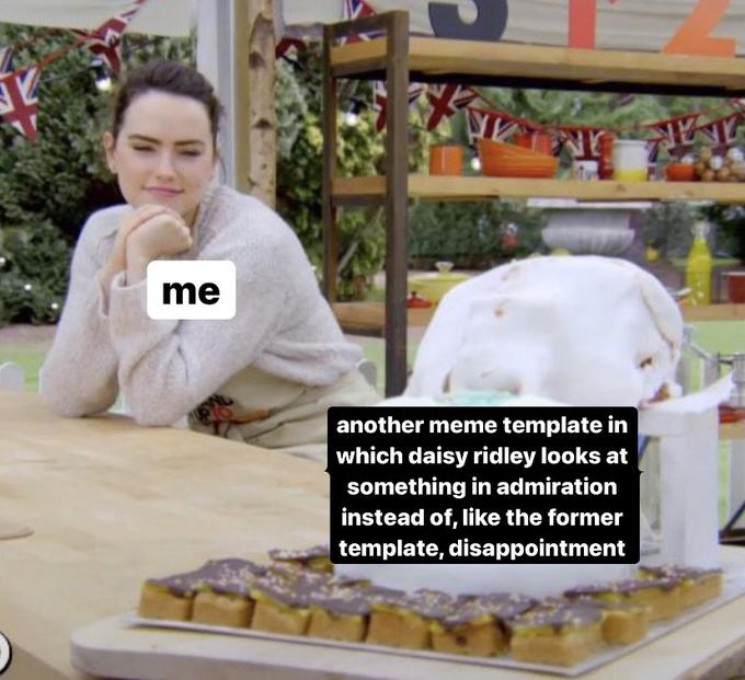 me another meme template in which daisy ridley looks at something in admiration instead of, like the former template, disappointment