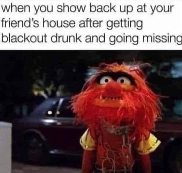 when you show back up at your friend's house after getting blackout drunk and going missing
