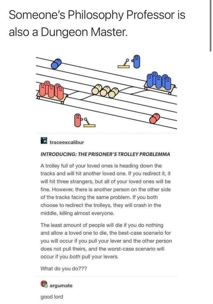 Someone's Philosophy Professor is also a Dungeon Master. 2 traceexcalibur INTRODUCING: THE PRISONER'S TROLLEY PROBLEMMA A trolley full of your loved ones is heading down the tracks and will hit another loved one. If you redirect it, it will hit three strangers, but all of your loved ones will be fine. However, there is another person on the other side of the tracks facing the same problem. If you both choose to redirect the trolleys, they will crash in the middle, killing almost everyone. The least amount of people will die if you do nothing and allow a loved one to die, the best-case scenario for you will occur if you pull your lever and the other person does not pull theirs, and the worst-case scenario will occur if you both pull your levers. What do you do??? argumate good lord