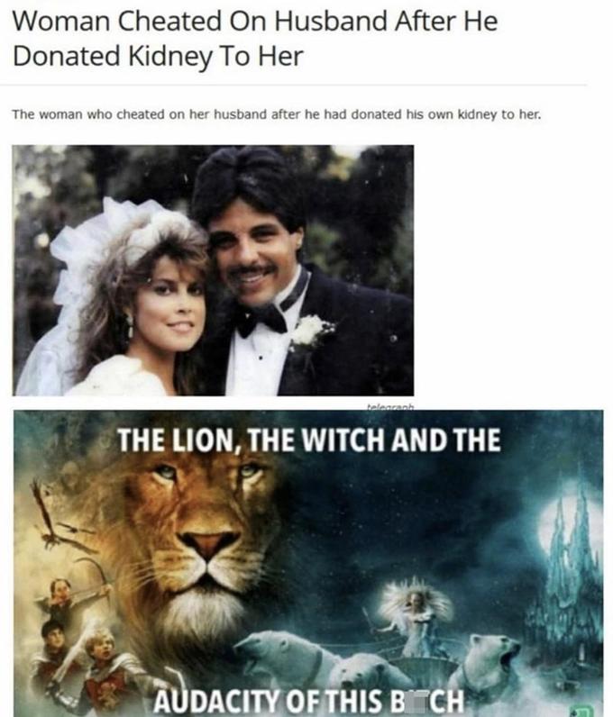 Woman Cheated On Husband After He Donated Kidney To Her The woman who cheated on her husband after he had donated his own kidney to her. telegranh THE LION, THE WITCH AND THE AUDACITY OF THIS B CH